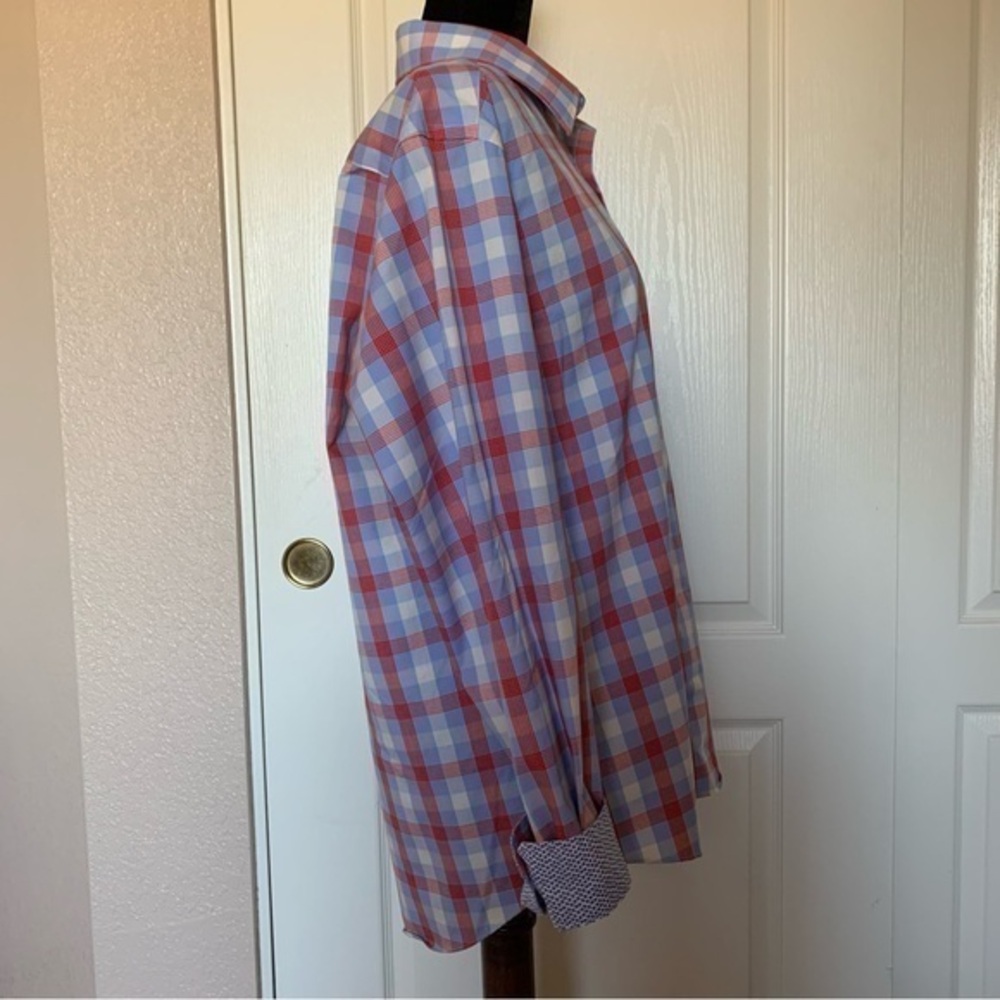 Egara Men’s Button Down Long Sleeve Blue Cream and Orange Plaid Shirt Size Large - Picture 3 of 7